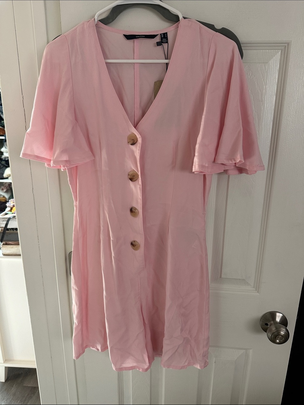 Vero Moda Light Pink Button-Front V-Neck Jumpsuit Romper